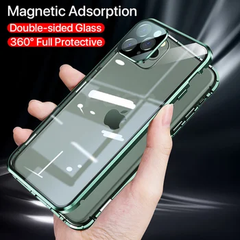 Prabanga Aikštėje Magnetinio Adsorbcijos Atveju iPhone, 12 mini Pro 11 Max x xs max xr Metalo Bamperis Dvipusis Stiklo Apsaugos Atveju