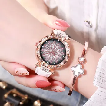 Prabangių Mados Deimantų Moterų Stebėti Žvaigždėtą Dangų Ponios Laikrodžiai Atsitiktinis Odos Juosta Kvarcinis Laikrodis Moterų Laikrodis zegarek damski