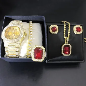 Prabangių Vyrų Aukso Deimantų Žiūrėti Vyrų Watch &Karoliai & Braclete & Auskarai & Žiedas Combo Set Ledo Iš Kubos Jewerly Hip-Hop Vyrams