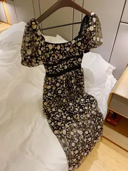 Prabangūs Blizgančiais Suknelė 2020 M. Rudens Tako Dizaineris Aikštėje Apykaklės Sluoksniuotos Rankovėmis Gėlių Akių Ilgas Šalis Suknelė Moterims