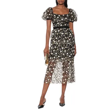 Prabangūs Blizgančiais Suknelė 2020 M. Rudens Tako Dizaineris Aikštėje Apykaklės Sluoksniuotos Rankovėmis Gėlių Akių Ilgas Šalis Suknelė Moterims