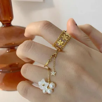 Prancūzų romantikų Tuščiavidurių Metalo Gėlių Aukso rodomojo Piršto Žiedai Moterims korėjos Mados 14k Auksu Saldus Gėlių Žiedais Mergina