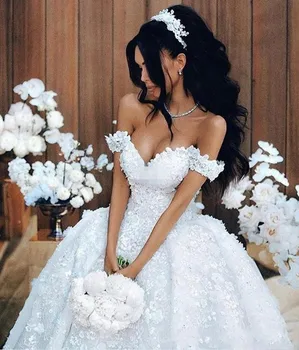 Princesė Arabric Kamuolys Suknelė Vestuvių Suknelės 2020 chalatas de mariee Off Peties 3D-Gėlių Vestuvinių Suknelių Rankų darbo Nėriniai Nuotakos Suknelė
