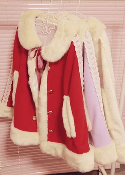 Princesė Elegantiškas Moterų Žiemos Vilnos Mišinys Žaliojo Kailis Dirbtiniais Kailiais Apykaklės & Apdaila Mielas Minkštas Lankas Lolita Outwear Gėlių Mygtuką 3Colors