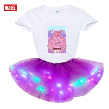 Princesė Mergaitės Mergaitės LED Tutu Suknelė+Marškinėliai 2 vnt. Nustatyti Vasaros Šalis tutu, Vaikams, Suknelės Mergaitėms Bamblys Merginos Atsitiktinis Suknelė