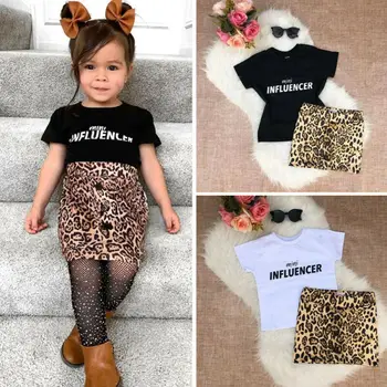 Pudcoco Bamblys Baby Girl Drabužiai Laiškas Trumpas Rankovės Marškinėliai Topai Leopardas Spausdinti Sijonas 2vnt Komplektus Medvilnės Drabužius Vasarą