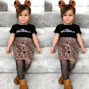 Pudcoco Bamblys Baby Girl Drabužiai Laiškas Trumpas Rankovės Marškinėliai Topai Leopardas Spausdinti Sijonas 2vnt Komplektus Medvilnės Drabužius Vasarą