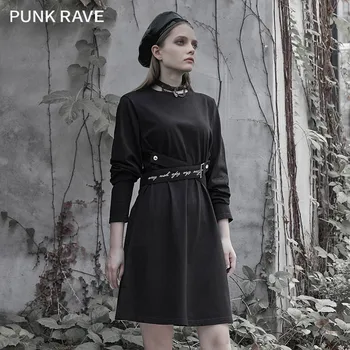 PUNK RAVE Mergina Gothic Black ilgomis rankovėmis Suknelė-line Atsitiktinis Rudens Pradžioje Trumpą Suknelę Moteris Streetwear