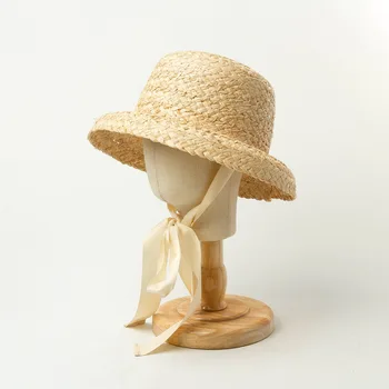 Rankų rafija šiaudų retro flat top sulenkti kraštų vaikų šiaudų skrybėlę berniukų, mergaičių kelionės apsaugos nuo saulės atostogų šiaudų skrybėlę