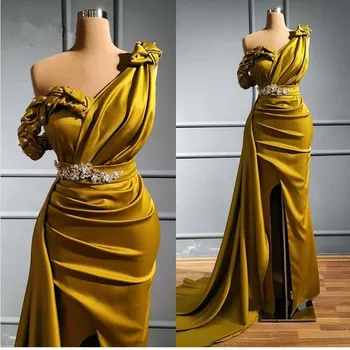 Realios Nuotraukos Elegantiškas Aukso Undinė Vakaro Suknelės Seksualus Pusės Split Ilgai Prom Chalatai Su Ruffles Kristalų Šalis Suknelė