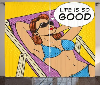 Retro Užuolaidos Pop Art Kaitintis Moteris Gyvenimas yra toks Žodžių Paplūdimyje, Motyvacijos Komiksų Vaizdo Kambarį Miegamojo Lango Užuolaidų dizainas