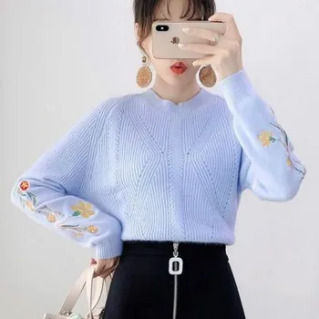 Rinkiniai Moterims Rudens Banga Naujausias Gėlių Siuvinėjimas Elegantiškas Negabaritinių Korėjos Stiliaus Biuro Ponios Megztinis Dviejų Dalių Karšto Pardavimo Feminino