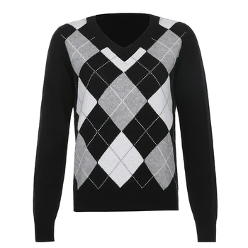 Rockmore Argyle Pledas V Kaklo Viršuje, susagstomi megztiniai Y2K Estetinės ilgomis Rankovėmis Džemperis Moterims Derliaus Puloveriai Plius Dydis Atsitiktinis Džemperiai