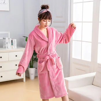 Rožinis Chalatas Kimono Suknelė Moterų Flanelė Atsitiktinis Skraiste Koralų Vilnos Sleepwear Naktiniai Drabužiai Homewear Žiemą Šiltą Pižamą