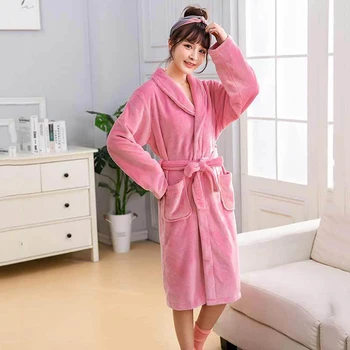 Rožinis Chalatas Kimono Suknelė Moterų Flanelė Atsitiktinis Skraiste Koralų Vilnos Sleepwear Naktiniai Drabužiai Homewear Žiemą Šiltą Pižamą