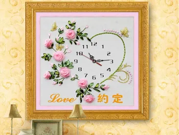 Rožių gėlių meilė šilko Juostelės siuvinėjimo rinkinys arabų skaitvardis laikrodis žiūrėti amatų kryželiu 