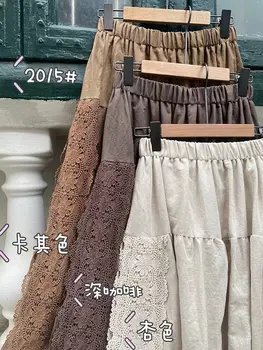 Rudens žiemos retro nėrinių sujungimas medvilnės, lino sijonas moterims Japonija stilius saldus elastinga juosmens atsitiktinis sijonas