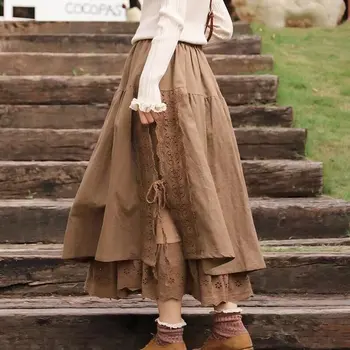 Rudens žiemos retro nėrinių sujungimas medvilnės, lino sijonas moterims Japonija stilius saldus elastinga juosmens atsitiktinis sijonas