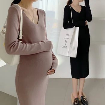 Rudenį ir žiemą nauja motinystės mezgimo suknelė vidutinio ilgio nėščia V-kaklo džemperis viduje ir už jos ribų dėvėti vidutinio ilgio suknelė