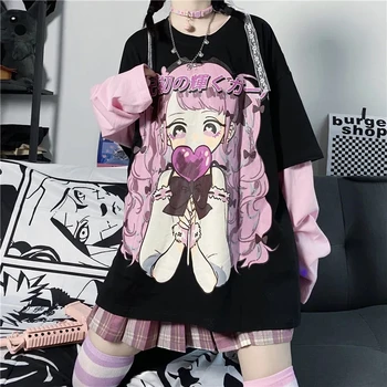 Rudenį kolegija stiliaus kawaii cute girl spausdinimo netikrą dviejų dalių puloveris moteriški marškinėliai Harajuku prarasti ilgomis rankovėmis moterų viršų