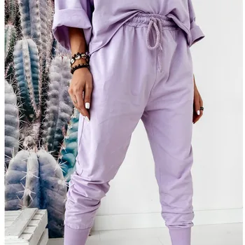 Rudenį Moterų Gobtuvu Tracksuit Streetwear Loungewear Violetinė Rinkinys 2VNT 2020 Mados Pavasario Palaidinukė + Kelnės Namų Sleepwear