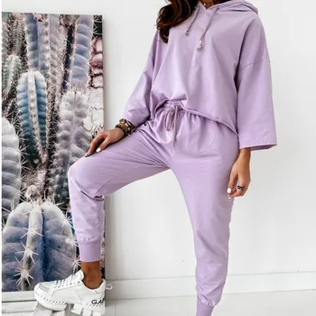 Rudenį Moterų Gobtuvu Tracksuit Streetwear Loungewear Violetinė Rinkinys 2VNT 2020 Mados Pavasario Palaidinukė + Kelnės Namų Sleepwear