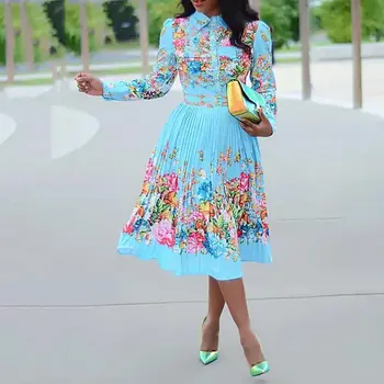 Rudenį Moterų Plisuotos Gėlių Spausdinti Suknelė 2019 Elegantiškas Moterų Lady Plus Size Afrikos Vakarienė Skraiste Vestiods