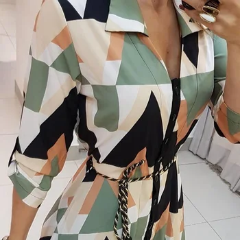 Rudenį Office Ponios Suknelė Geometrinis Modelis Spausdinimo Spalva Blokuoti Pasukite Žemyn Apykaklės Atsitiktinis Marškinėliai, Suknelės Moterų Plius Dydis Midi Suknelė