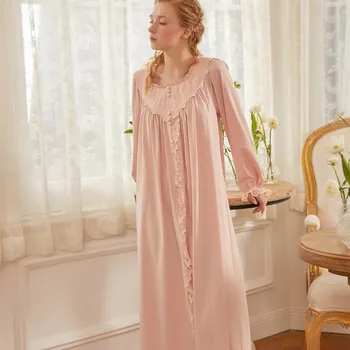 Rudenį, Pavasarį Elegantiškas Moterų 's Ilgai Nightgowns Medvilnės ilgomis Rankovėmis Senovinių Karališkosios Prarasti naktiniai drabužiai Saldus Patogus Sleepwear