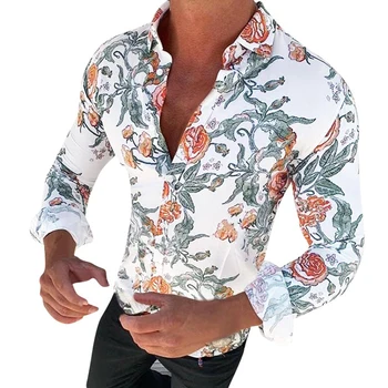 Rudenį Spausdinti ilgomis Rankovėmis Mygtuką Plonas Stilingas Marškinėliai Vyrams Rudenį ilgomis Rankovėmis 3D Gėlių Spausdinti Mygtukų Žemyn Medvilnės Marškinėliai Slim