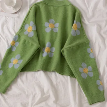 Rudenį susagstomi megztiniai Moterims Gėlių Spausdinti Megztiniai Megztinis 2020 V-Kaklo Prarasti Elegaht Thicked Femme Mygtuką ilgomis rankovėmis Atsitiktinis Trumpas Kailis