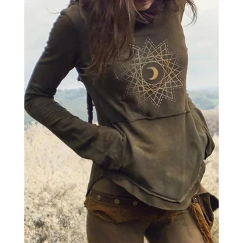 Rudenį, Žiemą Genčių Stiliaus Lady ilgomis rankovėmis T-shirt Nereguliarus Hem Mėnulis Modelis Viršų Atsitiktinis Visas rungtynes, Kempingas Iš Moterų Viršų