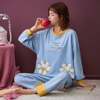 Rudenį, Žiemą Medvilnės Pižama Rinkiniai Moterims 2020 korėjos Stiliaus Spausdinimo Plius Dydžio naktiniai drabužiai, o Kaklo, ilgomis Rankovėmis Prarasti Sleepwear