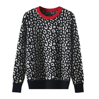 Rudenį, žiemą moterims megztiniai leopard megztų megztinių ilgomis rankovėmis Kontrasto Spalvų crewneck džemperiai sweter mujer C-429