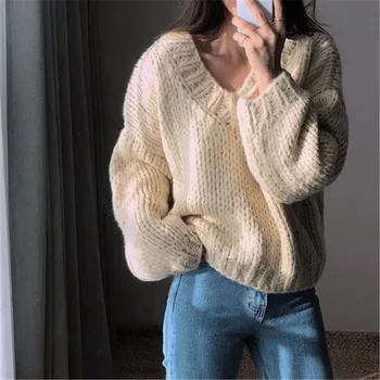 RUGOD Atsitiktinis žiemos moteriškų rūbų Mados V-kaklo, ilgomis rankovėmis megztinis megztinis office lady puloveriai jumper traukti femme hiver