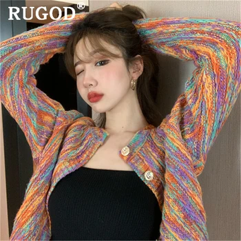 RUGOD korėjos prašmatnus spalvinga cardigan megztinis moterų Mados single-breasted megzti megztinis paltai moterų Harajuku susukti trikotažas