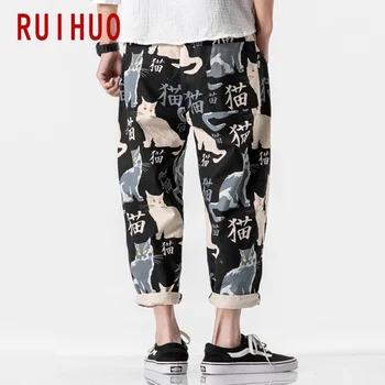 RUIHUO 2020 Nauja Katė Spausdinti Haremo Kelnės Vyrams Kelnės Poilsiu Atsitiktinis Kelnės Vyrams Kulkšnies Ilgis Sweatpants Hip-Hop Streetwear M-5XL
