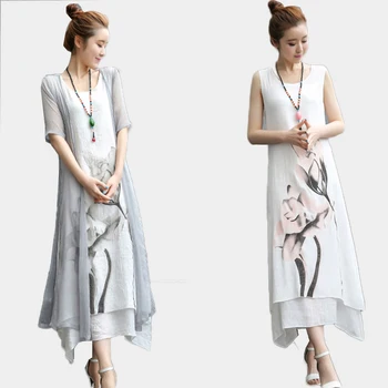 S-XXL Naujas 2021 moterų Vasaros suknelė prarasti atsitiktinis suknelė vintage Rašalo spausdinti half-sleeve medvilnės skalbiniai dviejų dalių suknelė