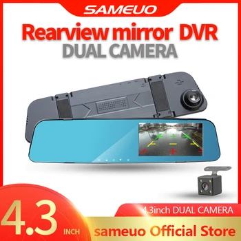 SAMEUO Y4 Full HD 1080P Automobilių Dvr Kamera Auto 4,3 Colių galinio vaizdo Veidrodėlis, Skaitmeninis Diktofonas, Dual Lens Registratory Vaizdo Kamera