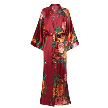 Satin Ilgos Sleepwear Moterų Pižamą V-kaklo, Chalatas Kimono Suknelė Spausdinti Gėlių moteriškas chalatas Chalatas Didelis Dydis 3XL 4XL 5XL 6XL