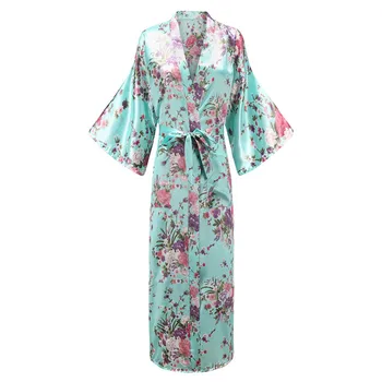 Satin Ilgos Sleepwear Moterų Pižamą V-kaklo, Chalatas Kimono Suknelė Spausdinti Gėlių moteriškas chalatas Chalatas Didelis Dydis 3XL 4XL 5XL 6XL