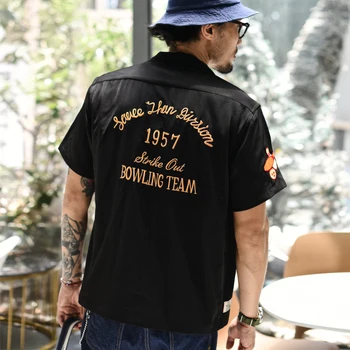 SauceZhan 50 Amerikos Boulingo Shirt Marškinėliai Vyrams Derliaus Atsitiktinis Marškinėliai Vasaros Siuvinėjimo Juoda Kvėpuojantis Aukštos Kokybės
