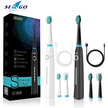 Seago 958 Automatinė Sonic Elektros Toothrbush su 3 Teptuku Vadovai USB Įkrovimą, 5 Režimai 40000 Kartų Virpesių/Min IPX7 atsparus Vandeniui