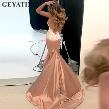 Seksualus V-Kaklo, Atvira nugara Undinė Prom Dresses Ilgai 2020 Elegantiškas Moteris Rose Gold Šampano Satino Oficialią Vakaro Suknelė su Dirželiais