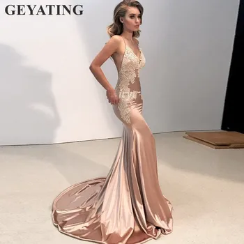 Seksualus V-Kaklo, Atvira nugara Undinė Prom Dresses Ilgai 2020 Elegantiškas Moteris Rose Gold Šampano Satino Oficialią Vakaro Suknelė su Dirželiais