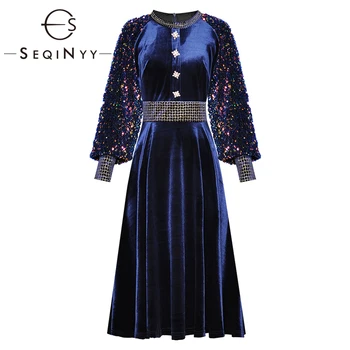 SEQINYY Blue Velvet Dress 2020 M. Rudens Žiemos Naujas Mados Dizaino Moterų China Ilgai Žibintų Rankovės Kristalų Aukštos Kokybės Vidurio Suknelė