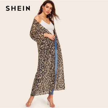 SHEIN Spalvotų Lašas Pečių Leopard Kimono Megztinis Moterims Ilgas Palaidinė 2019 M. Pavasario Vasaros Atsitiktinis Atostogų Kimonos