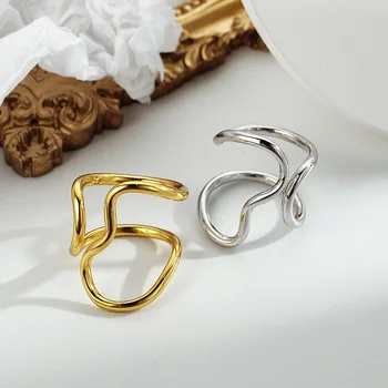 Silvology 925 Sterling Silver Geometrinės Linijos Žiedai Dvigubo Sluoksnio Nereguliarus Elegantiška Linija, Japonija, Korėja Žiedai Moterims Fine Jewelry