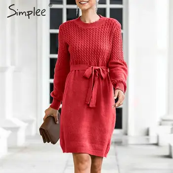 Simplee Aukšto juosmens megztinis suknelė Elegantiškas, minkštas diržas-line moterų megzti suknelę Office lady kietas bodycon prašmatnus šalis, rudens dress