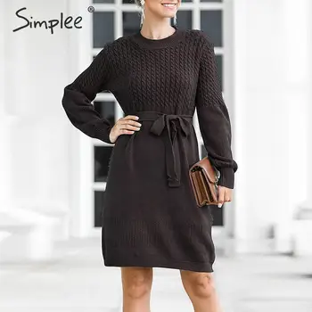 Simplee Aukšto juosmens megztinis suknelė Elegantiškas, minkštas diržas-line moterų megzti suknelę Office lady kietas bodycon prašmatnus šalis, rudens dress